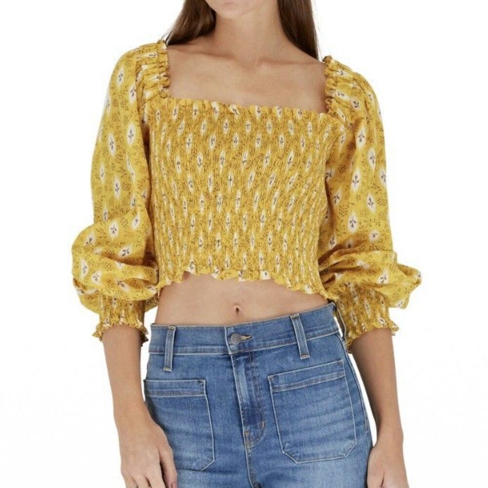 Veronica Beard Shirt Womens Yellow Emerie Smocked Crop Top Cottage Milkmaid